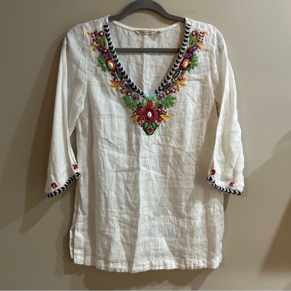 Soft Surroundings White Linen Beaded Top